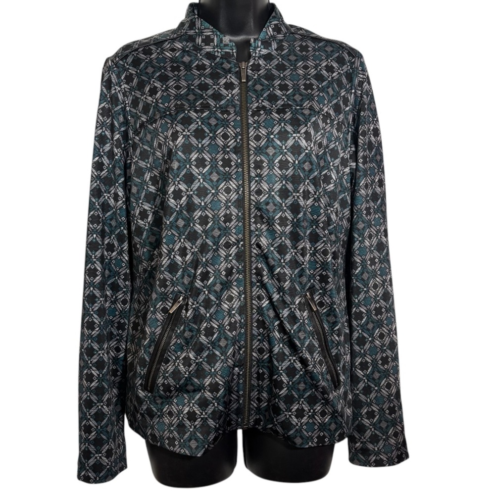 Christopher & Banks Coat Zip Front Lined Teal Black Gray Print Women’s Medium